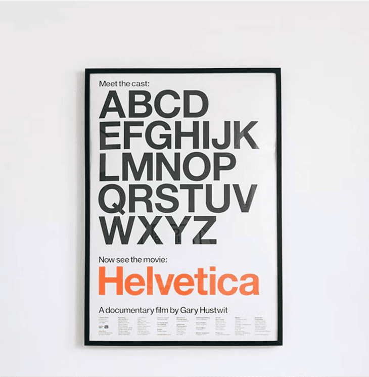 a framed poster with the the alphabet and font type Helvetica in bold orange